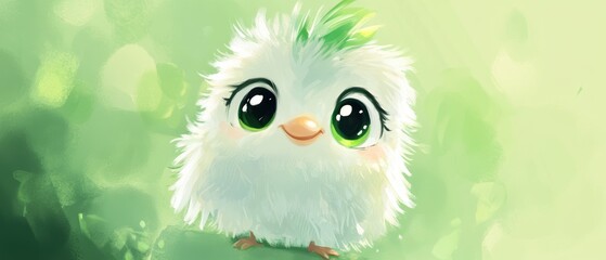 Fototapeta premium Cute animated character small fluffy bird with big eyes and colorful feathers in a vibrant green background playful design art for children.