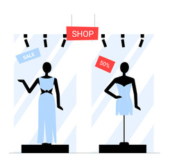 Fashion Store Window Display With Mannequins In Flat Vector Illustration Symbolizing Retail Shopping, Discounts, And Style Trends, Isolated On White Background