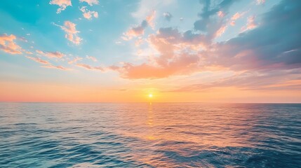 Obraz premium Serene Ocean Sunset Peaceful Tranquil Colorful Sky Calm Waters Summer Evening Golden Hour Beautiful Horizon Seascape Dramatic Cloudscape Idyllic 
