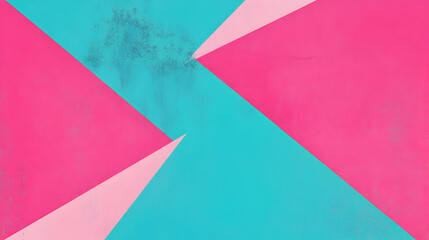 Bold angular shapes in pink and blue create a dynamic abstract composition
