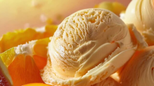 A creamy and smooth background featuring orange ice cream in a rich citrus hue, captured in slow motion