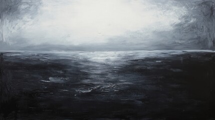 Ocean landscape abstract painting in black and white with calm water reflection, modern art decor for home, office, serenity, and minimalism.