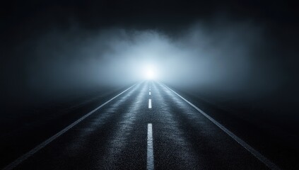 Foggy Road at Night with Mysterious Light in the Distance Creating a Haunting and Atmospheric Scene for Travel and Adventure Themes