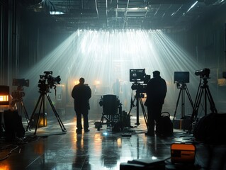 filming crew in television Studio with cameras and lights