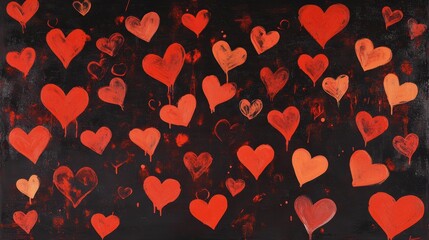 Colorful hearts pattern on a black background for Valentines Day, romantic celebration, love decoration, digital texture, abstract art, festive design.