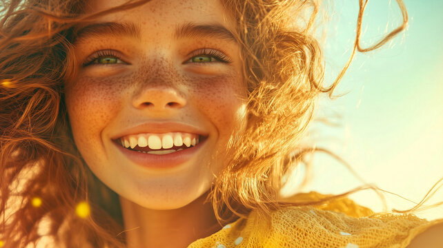 Happiness. Happy woman. Joyfulness. Happy girl. Cheerfulness. Cheerful Young woman. Happy woman smiling with warm colors.