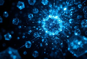 Obraz premium Futuristic Glowing Blue Crystal Geometry with Floating Hexagonal Shapes in a Sci-Fi Digital Space