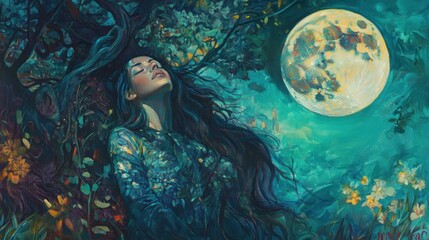 Mystical woman under a full moon with flowing hair in a vibrant forest surrounded by flowers and lush greenery representing tranquility and natures beauty.