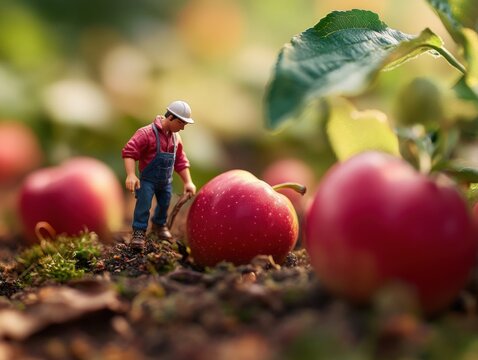 Miniature farmer harvesting apples in a lush orchard during a sunny afternoon