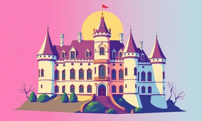 Fototapeta premium Vibrant Illustration of a Majestic Castle with Turrets and Towers against a Colorful Gradient Background Symbolizing Fairytale Architecture and Fantasy