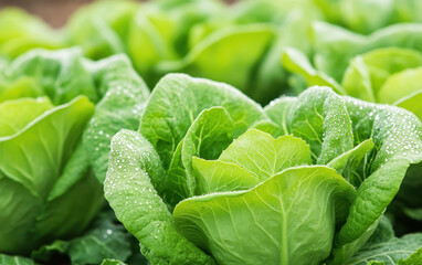 Fototapeta premium Fresh hydroponic vegetables growing in garden, showcasing vibrant green lettuce with water droplets, highlighting healthy and sustainable farming practices