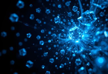 Fototapeta premium Futuristic Glowing Blue Crystal Geometry with Floating Hexagonal Shapes in a Sci-Fi Digital Space
