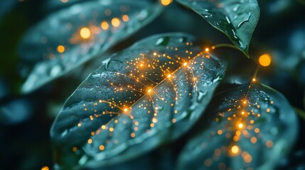 A detailed view of a plant with tiny glowing microchips and metallic veins 