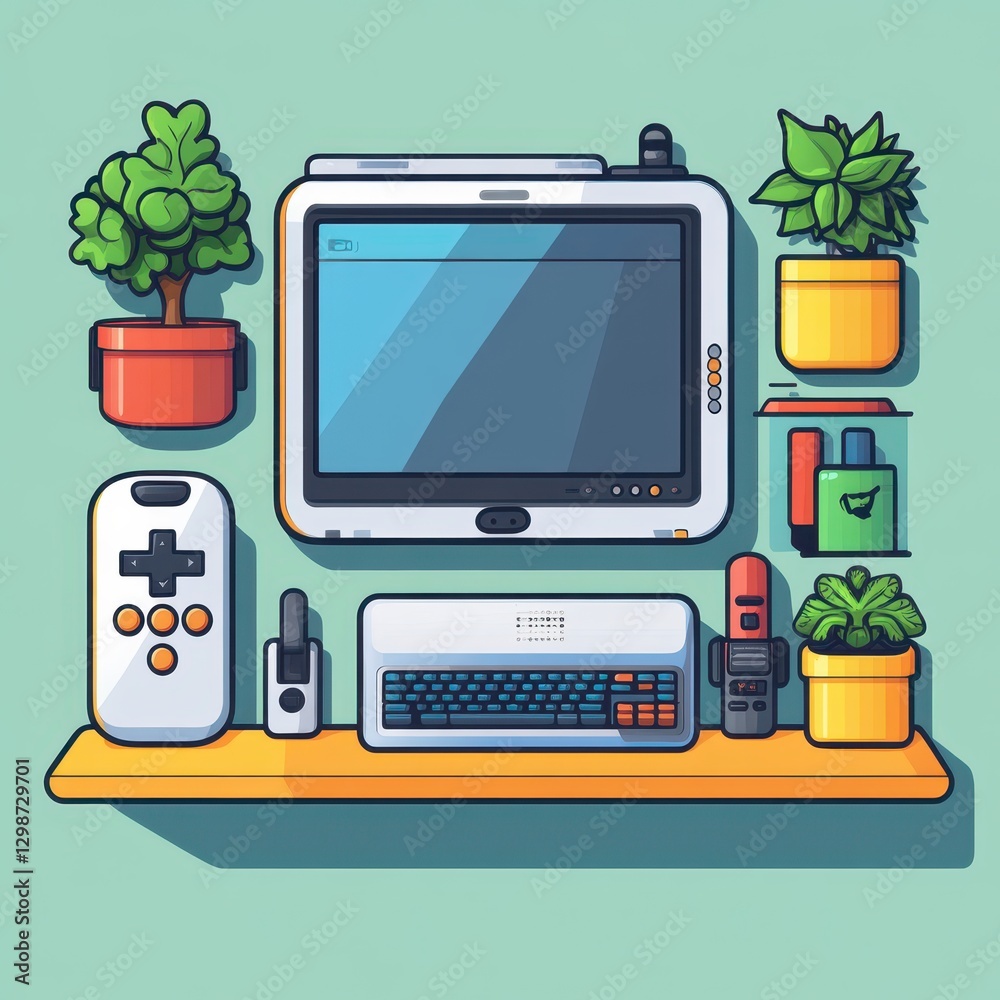 Wall mural aesthetic gaming setup featuring vintage game console and modern computer screen with greenery for e