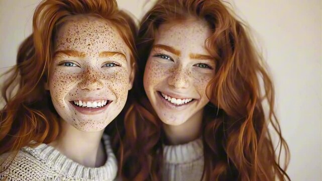 Portrait of two smiling laughing red-haired girls models with bright freckles on a plain beige background. Lifestyle, happy young women models with unusual appearance. Twin sisters