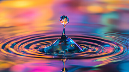 of a droplet collision in a shallow pool, with rainbow reflections dancing on the liquid surface 