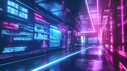 Futuristic metaverse bank: neon cyber world, AI financial advisors, customer interaction.  Banking's digital evolution. Ideal for fintech & future themes.

