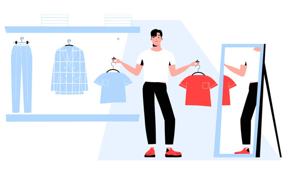 Man Choosing Clothes In A Store In Flat Vector Illustration Symbolizing Fashion Retail, Shopping Experience, And Consumer Decision-Making, Isolated On White Background