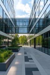 A long, narrow walkway with a glass ceiling and a row of potted plants. The walkway is surrounded by tall buildings, giving it a modern and sleek appearance