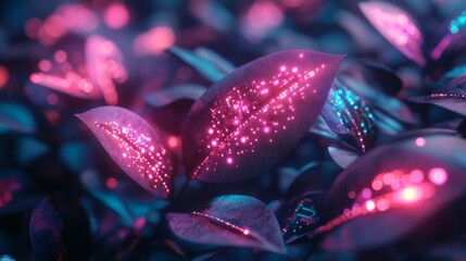 Fototapeta premium A futuristic plant with metallic microchips glowing in various colors 