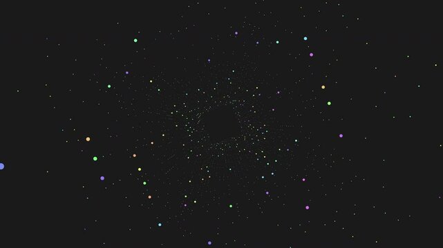 Colorful dots are scattered across a black background in a circular pattern, creating a dynamic and vibrant digital artwork