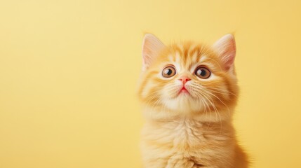 Golden Gaze: A charming, ginger kitten gazes upwards with wide, expressive eyes, creating an atmosphere of innocence and curiosity, set against a soft, yellow backdrop.