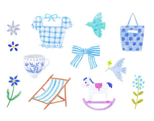 colored pencil hand drawn cute blue elements illustration