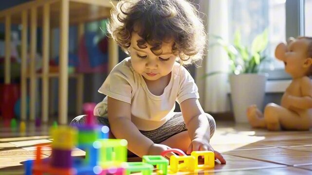 Cute curly todler child plays with multi-colored plastic constructor blocks on the floor in modern children's room. Concept of games, activities, education of young preschool children