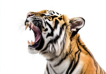 Fototapeta premium Majestic Tiger Roaring with Powerful Expression Against White Background