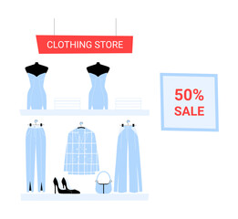Clothing Store With Sale Promotion In Flat Vector Illustration Symbolizing Fashion Retail, Discounts, And Consumer Shopping, Isolated On White Background