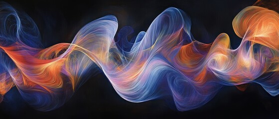 Obraz premium Colorful abstract smoke wave pattern on a black background for creative design, digital art, and modern decor concepts, showcasing dynamic motion and energy.