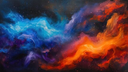 Fototapeta premium Colorful abstract cosmic nebula digital painting with blue orange and purple hues representing space, galaxies, and dreamlike astrophysics.