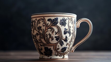 Ornate Ceramic Mug with Floral Design on Wooden Table Background