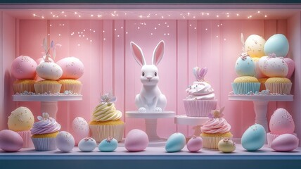 Easter Window Display with Bunnies, Cupcakes, and Eggs in Pastel Colors, Close-Up, Photorealistic, Hyper-Realistic, High-Resolution Photography