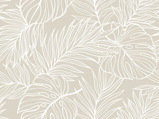 Seamless Tropical Leaf Pattern Featuring Monstera and Palm Leaves in Beige and White. Vector illustration