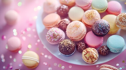 Obraz premium Delicious Dessert Display Featuring Macarons and Cupcakes