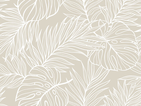 Seamless Tropical Leaf Pattern Featuring Monstera and Palm Leaves in Beige and White. Vector illustration