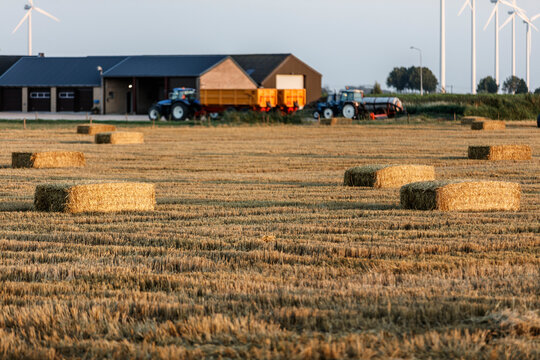Harvest time in a rural landscape with hay bales and farm machinery at sunset near wind turbines - Powered by Adobe
