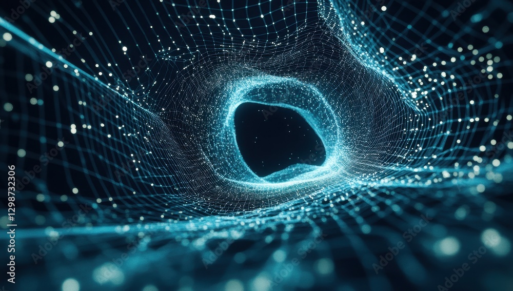 Poster futuristic digital landscape featuring glowing blue particles and a network of lines creating a thre