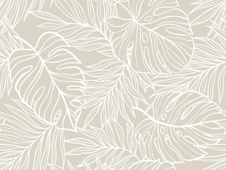 Tropical Palm and Monstera Leaf Pattern in Elegant Beige and White Aesthetic Design. Vector illustration