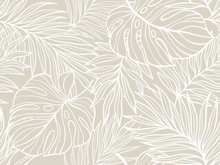 Tropical Leaf Outline Pattern Design in Neutral Tones for Decorative Projects and Backgrounds. Vector illustration