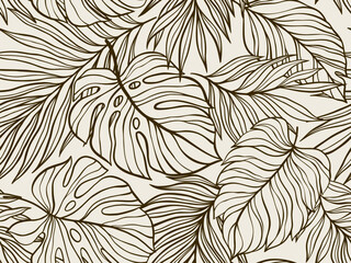 Elegant Hand-Drawn Tropical Leaves Seamless Pattern with Monstera and Palm Design Elements. Vector illustration © vik_y