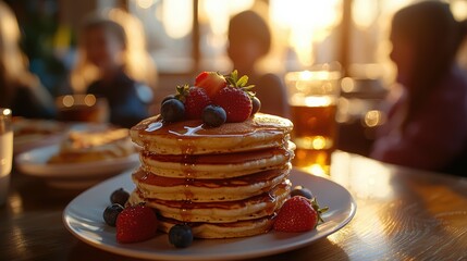 Stack of golden pancakes with berries in a cozy breakfast scene