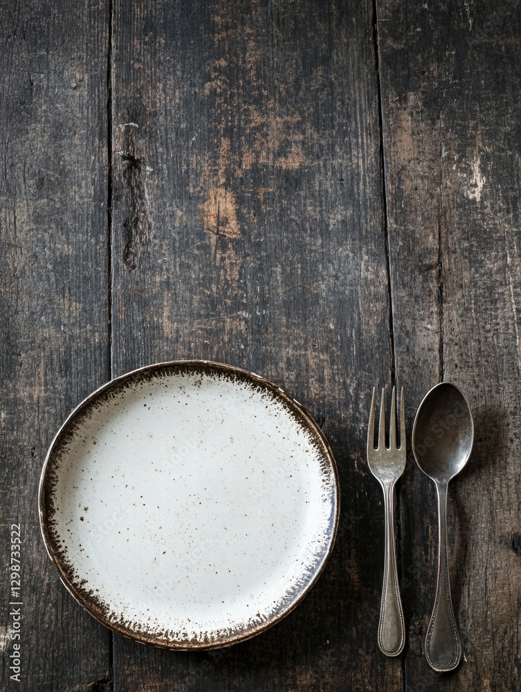 Poster rustic dining setting features a vintage plate alongside a fork and spoon on weathered wooden table.