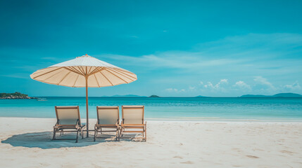 Fototapeta premium High-angle view of a tranquil beach scene featuring sun loungers arranged neatly under a parasol