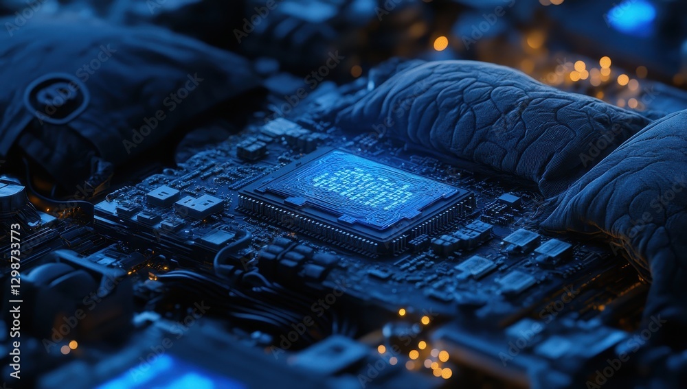 Poster futuristic microchip on high-tech circuit board with soft padding and glow, surrounded by electronic