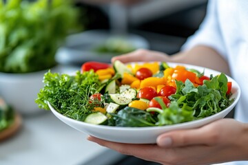 work life balance health time. Fresh salad served in a white bowl, filled with colorful vegetables and greens.