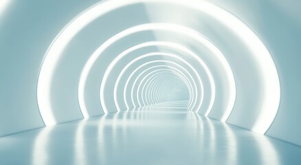 Fototapeta premium Futuristic Minimalist Interior With Glowing Arches Creating An Endless Perspective In A Bright, Spacious Corridor Setting Designed For Modern Architecture