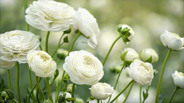 Beautiful nature background with buttercup flowers. White ranunculus blooming in the field, soft lighting with cute bokeh. Floral background