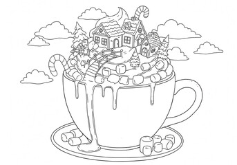 Black and white giant hot chocolate village coloring page, standard print size